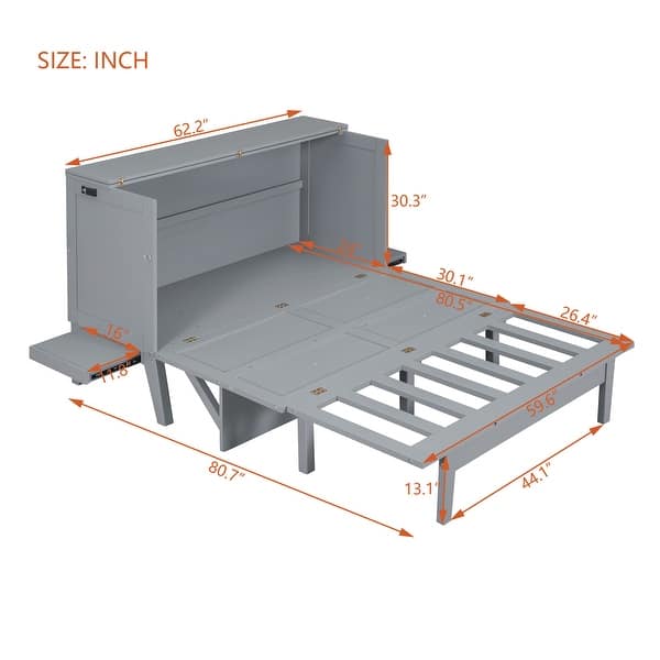 dimension image slide 1 of 2, Queen Murphy Bed w/ Desk and USB Port, Removable Shelves on Each Side