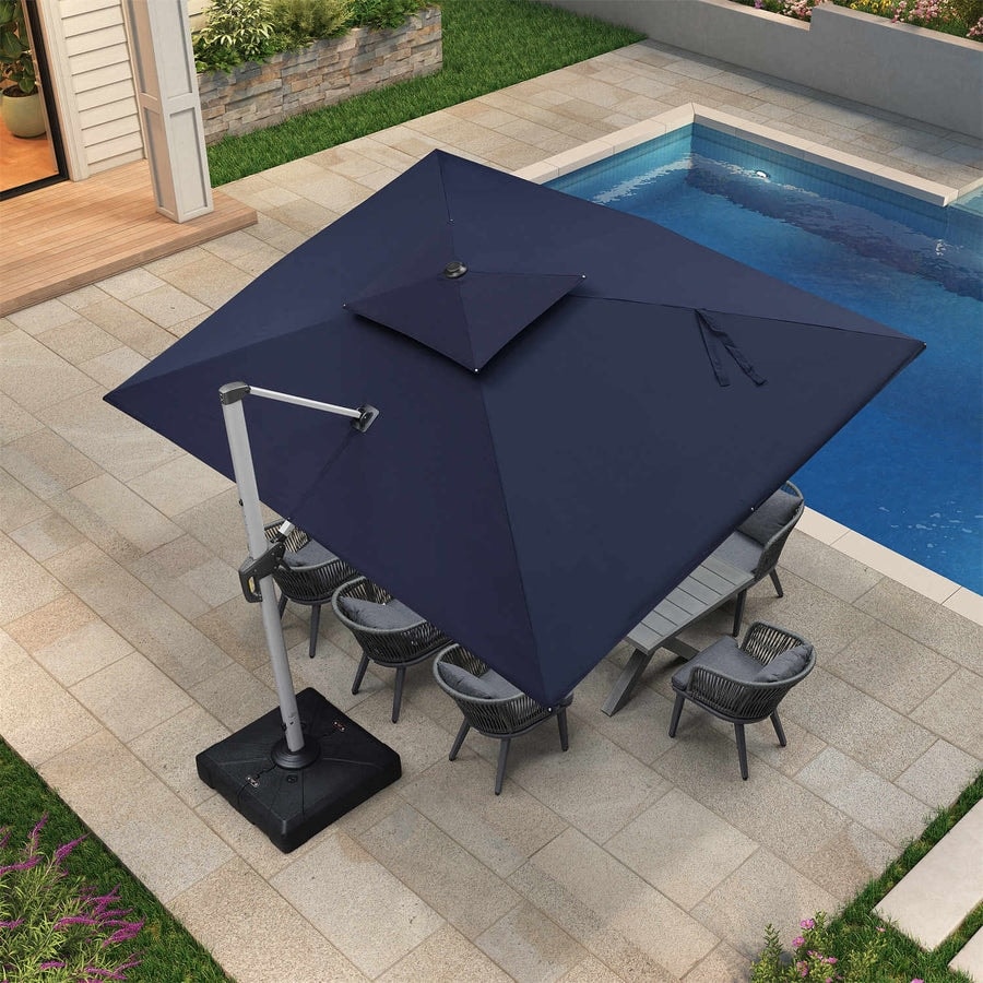 blue rectangle patio umbrella 15X9Ft Large Double Sided Rectangular Outdoor Twin Market With Light And Base Blue Umbrellas Metal which can be used for a long time after the test of time Blue Rectangular Shade: 6.6x10ft Patio