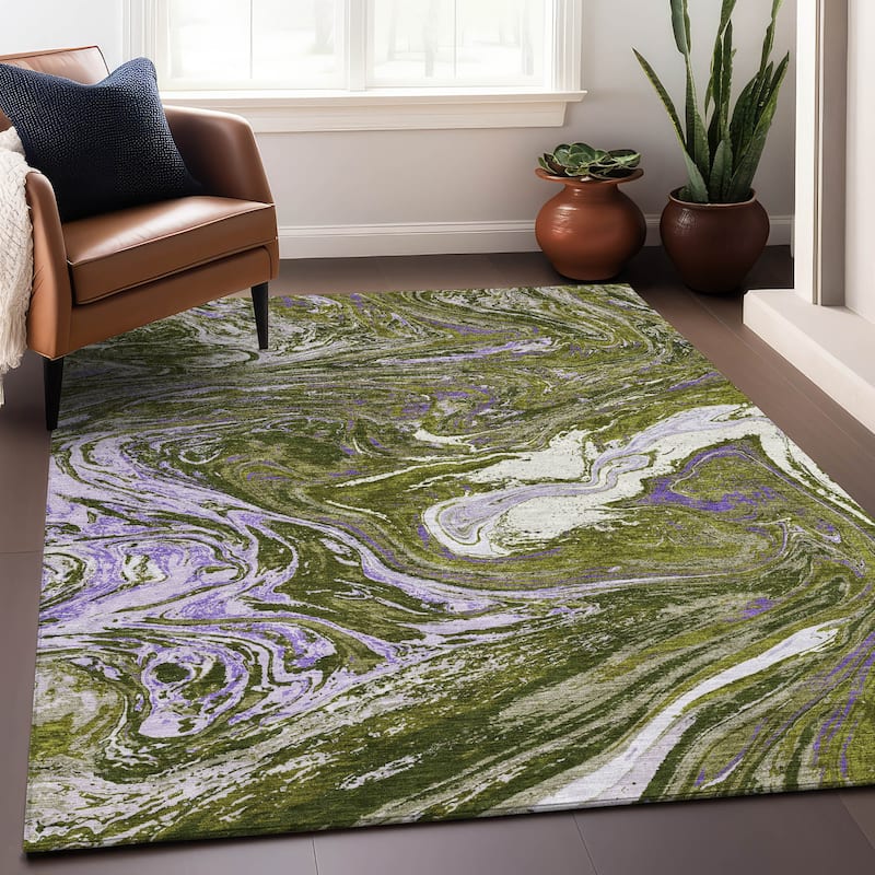Machine Washable Indoor/ Outdoor Abstract Brushstroke Chantille Rug - Olive - 3' x 5'