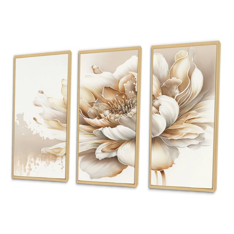 Designart "Blooming Beige Floral Design I" Floral Framed Canvas Art Print - 3 Panels