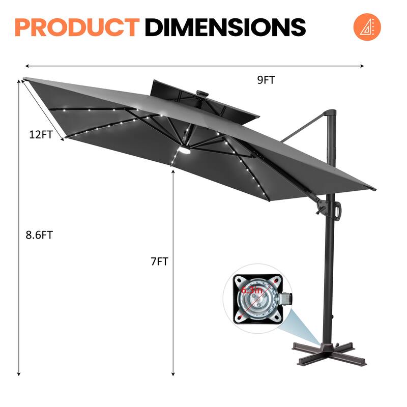 12 x 9 FT Outdoor Patio Cantilever Umbrella with Solar Lights Double Canopy 360 Rotation Tilt