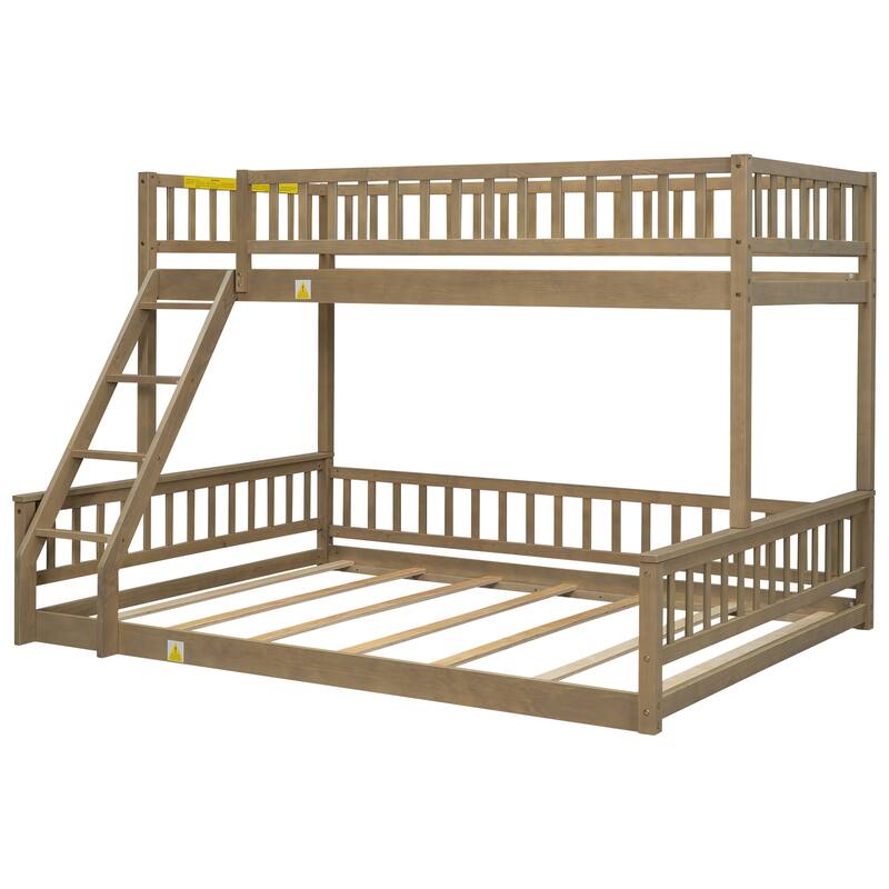 Twin XL over Queen Bunk Bed with Ladder and Guardrails in Walnut Finish