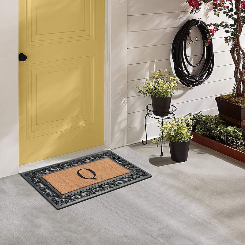 A1HC Rubber and Coir Paisley Border Monogrammed Outdoor Doormat Black, 18"X30"