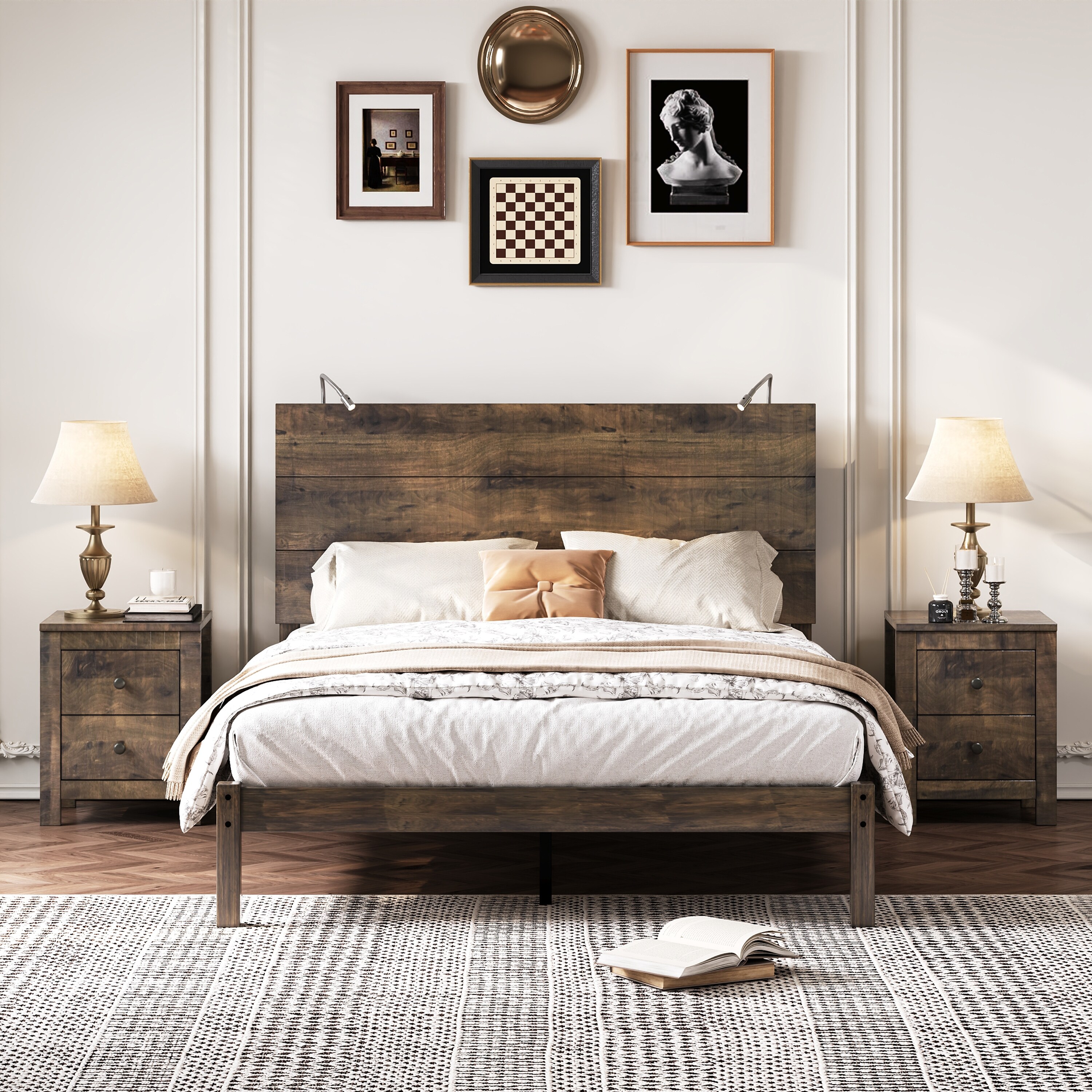 Farmhouse Full Size Platform Bed with 2 Drawer Nightstand and Two Bedside Lights 3 Pieces Bedroom Sets Walnut