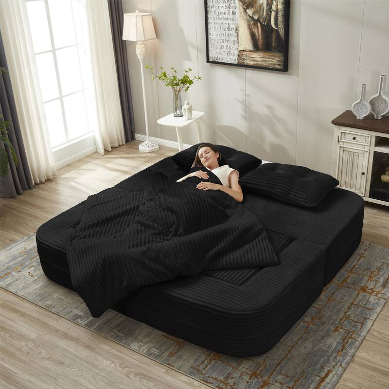 Convertible Floor Sofa Bed with Chaise Lounge, Corduroy 3-in-1 Sofa, Sofa to Bed with Dual-Purpose Blanket, No Assembly Required