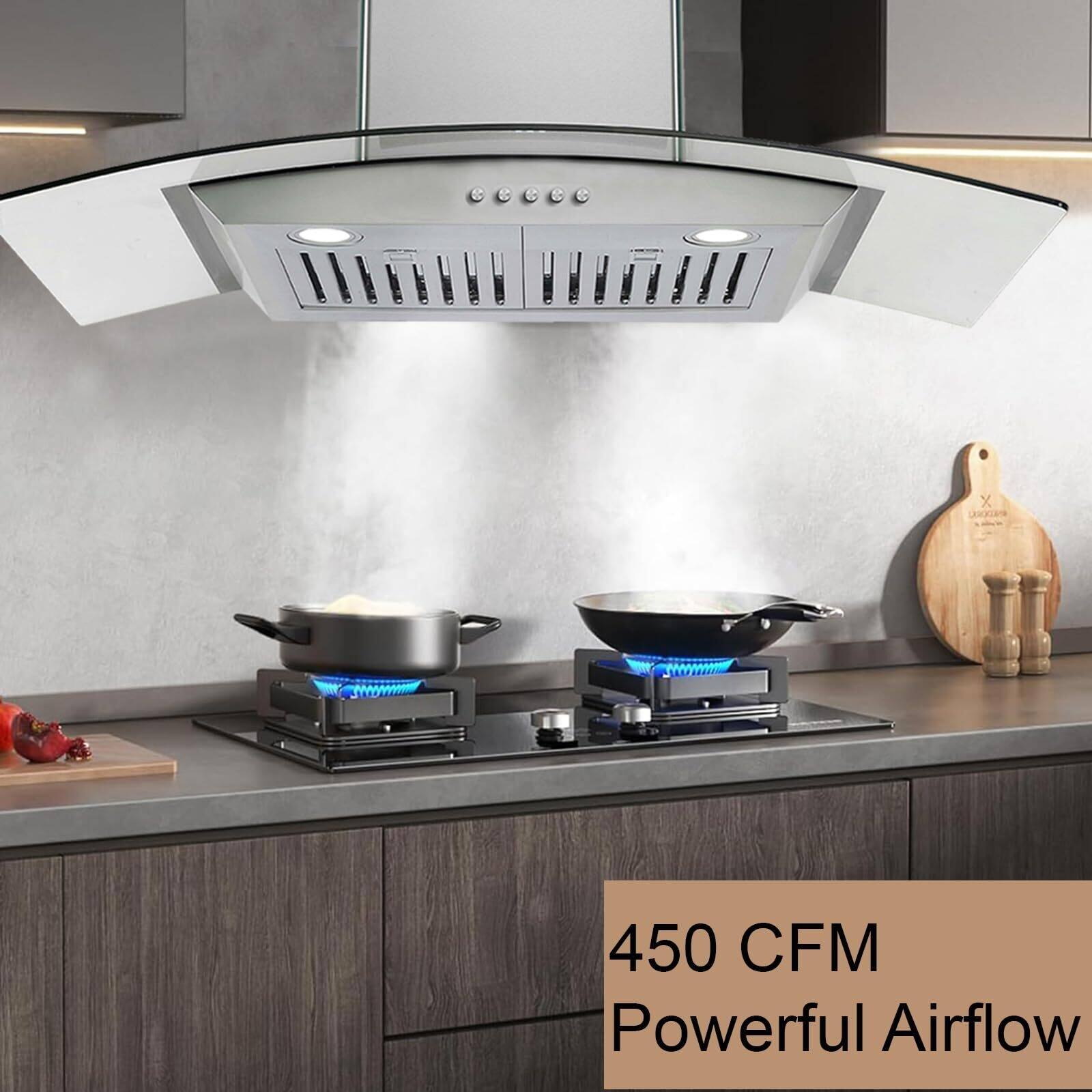 30 Inch Curved Glass Range Hood, Ductless/Ducted Convertible Stove Vent