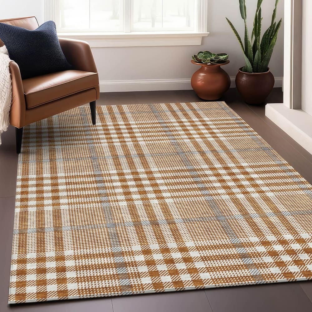 Machine Washable Indoor/ Outdoor Plaid Chantille Rug