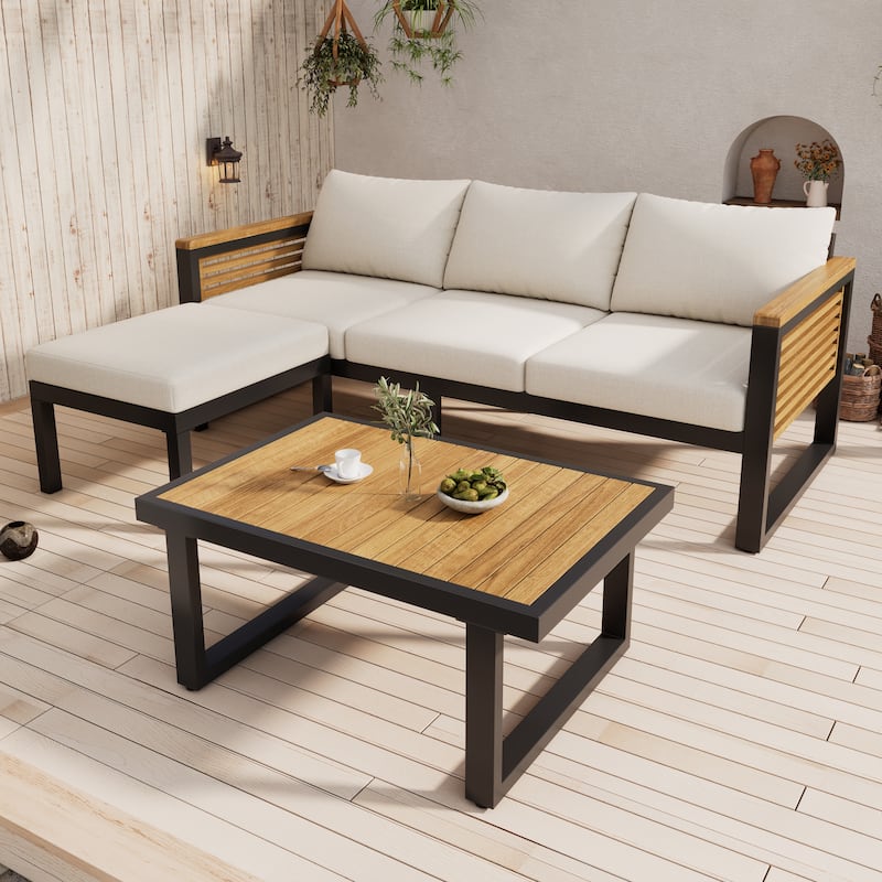 Christopher Knight Home - Mason 3-Piece Acacia Wood and Metal Patio Sofa Set for Stylish Outdoor Comfort - Teak Finish+Black+Beige