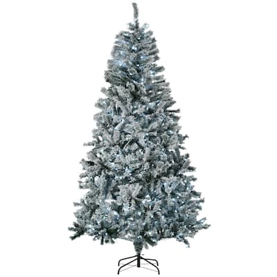 7.5' Tall Prelit Flocked Christmas Tree with 1254 Tips, Cold White LED Lights & Easy Assembly