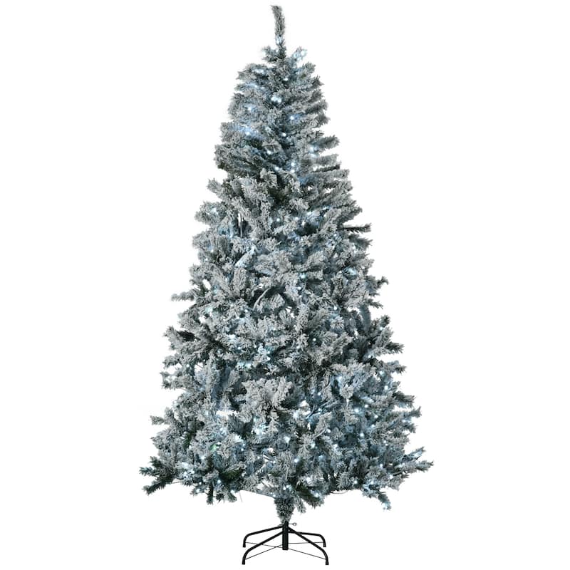 HOMCOM Flocked Artificial Christmas Tree - Cold White LED Lights - Green
