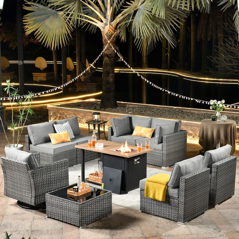HOOOWOOO 10-piece Grey Rattan Patio Furniture Set with Fire Pit - Dark Grey