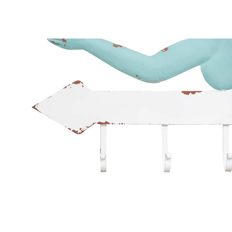 Aqua and White Metal Mermaid Wall Decor with 7 Hooks
