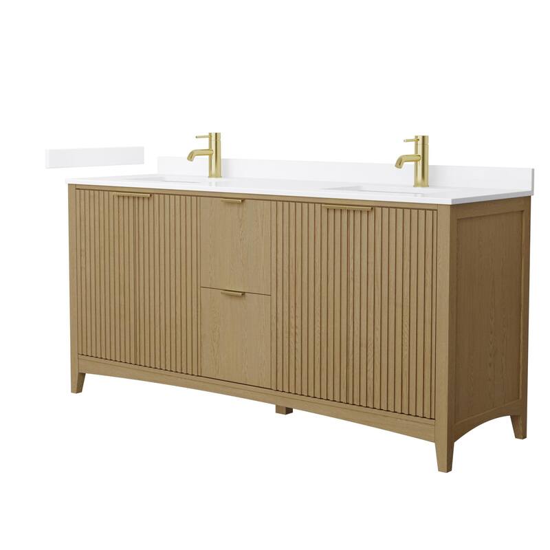 Wyndham Collection WCF9191-72D-QTZ-UNSMXX Palmilla 72" Free Standing - Natural Oak / White Quartz Top / Brushed Gold