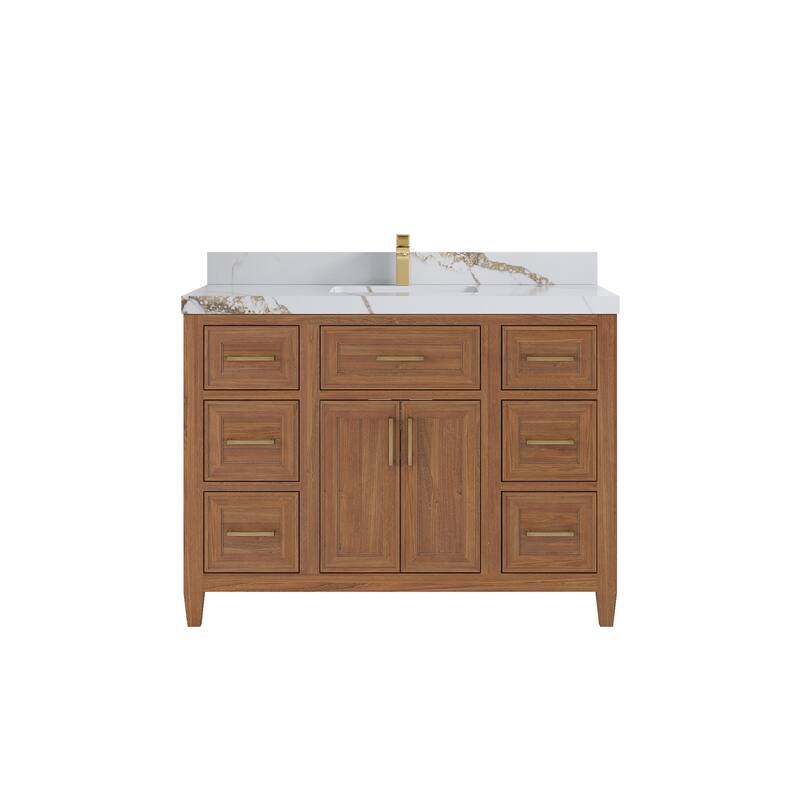 Willow Collections 48 in. W x 22 in. D Santa Monica Teak Single Sink Bathroom Vanity with Countertop - 2”Calacatta Gold - Dark Natural teak
