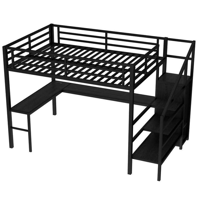 Queen Size Loft Bed with L-shaped Desk and USB, Metal Loft Bed with Wardrobe and Adjustable Shelf