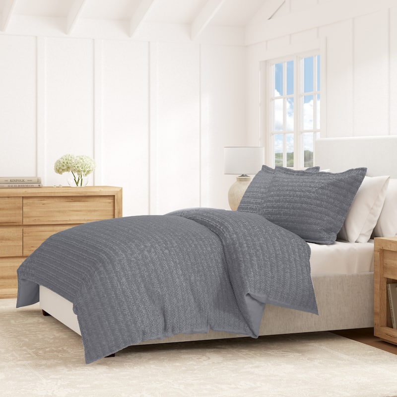 Linery & Co. 100% Cotton Reversible Honeycomb Waffle / Percale Duvet Cover Set - Denim Blue - Queen