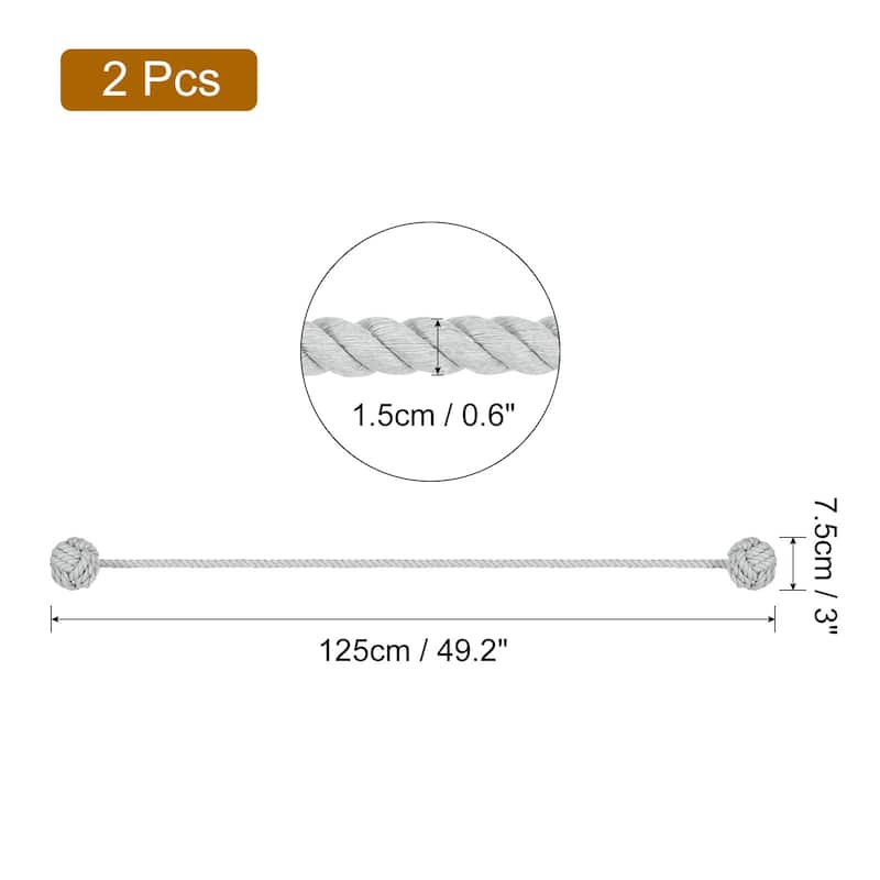 2Pcs Curtain Tiebacks Rope w Double Ball for Indoor/Outdoor Curtains - Grey