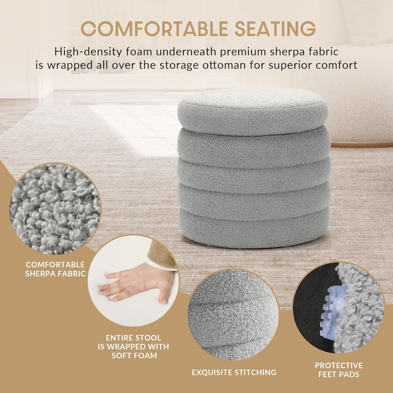 Bayville 16" Tall Sherpa Round Ottoman With Storage