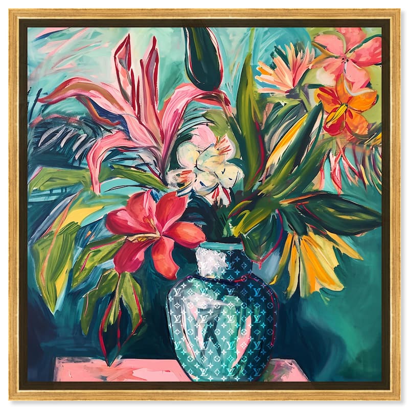 Art Remedy Vase Of Tropical Flowers Framed Flowers In Vase Paintings - 25 x 25 - Gold