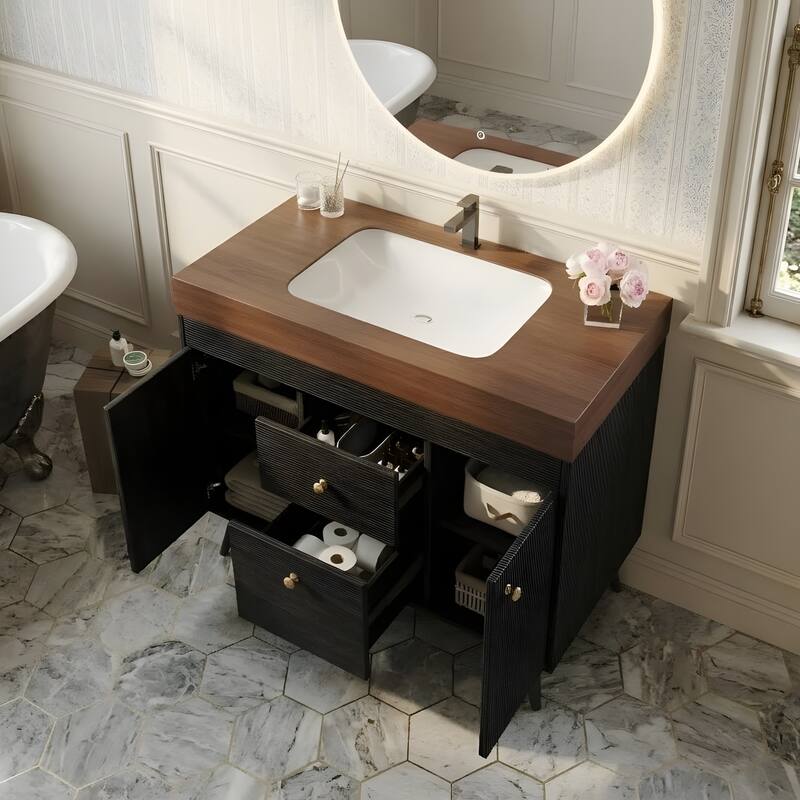 36" Modern Freestanding Bathroom Vanity with Sintered Stone Top, Ceramic Sink & Smart Storage