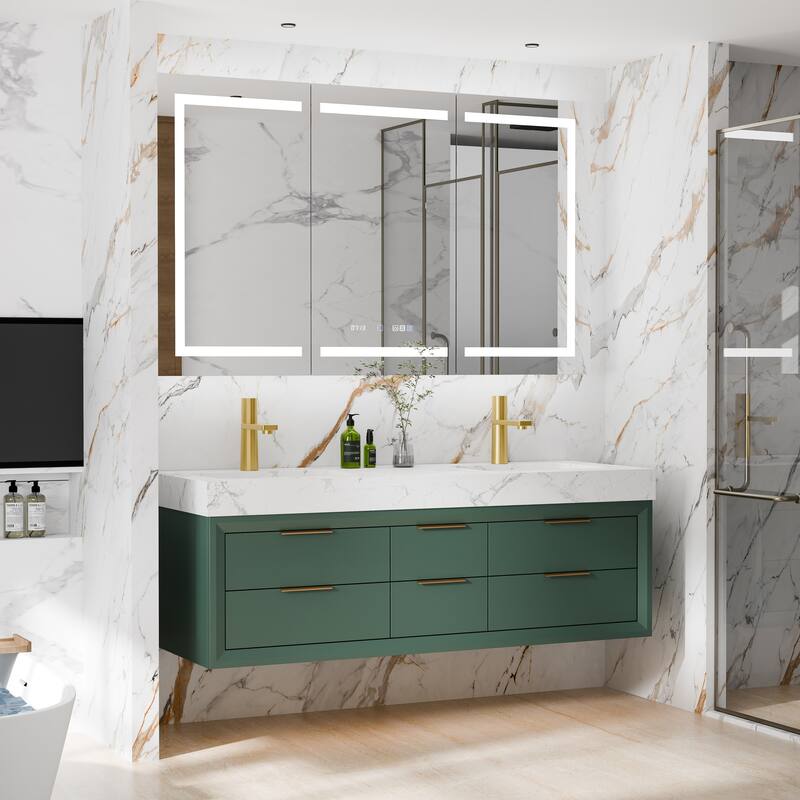 36/48/60 Modern LED Floating Bathroom Vanity with Single/Double Sink & Soft-Close Drawers & Waterproof, Green