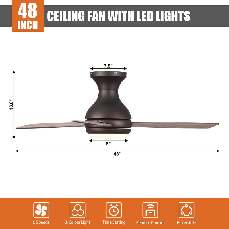 48" Bronze 3-Blade Integrated LED Flush Mount Ceiling Fan with Remote