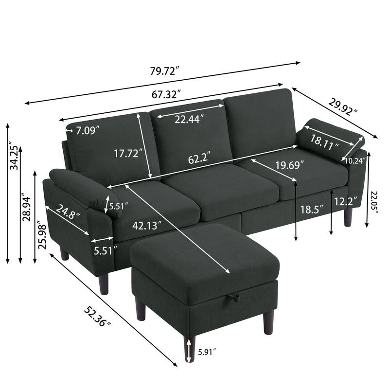 Jarenie 79.72" L Shaped Sofa with Storage Ottoman for Living Room