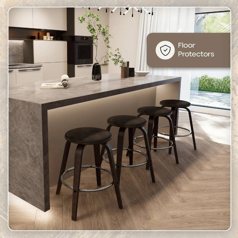 Pelya Leather Swivel Round Counter Stool with Wood Legs and Chrome Footrest for Kitchen Island or Dining Area Set of 2