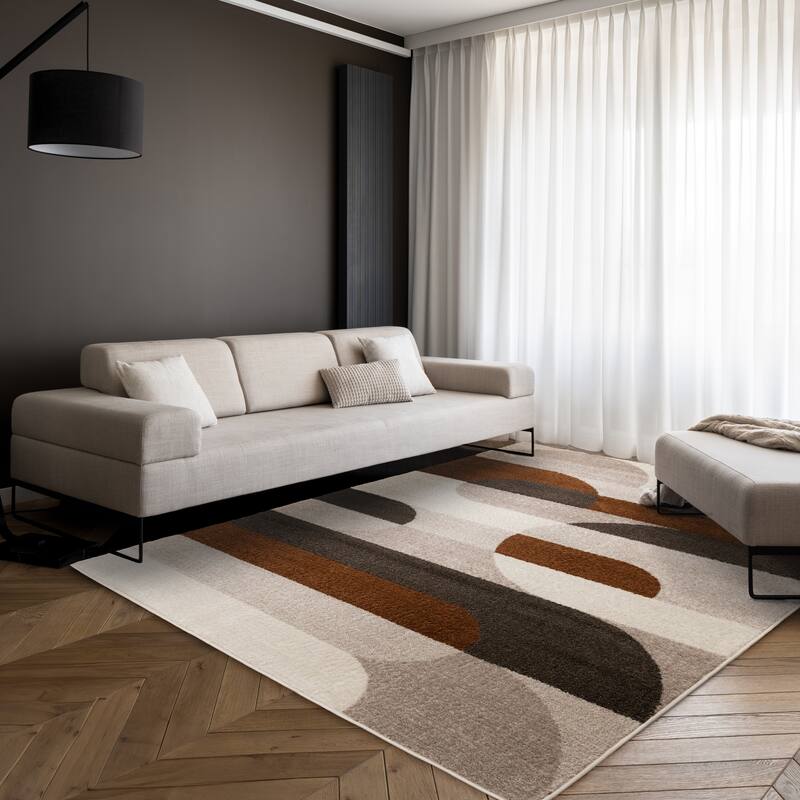 Marley Collection - Geometric Curves Taupe Oxblood Area Rug
