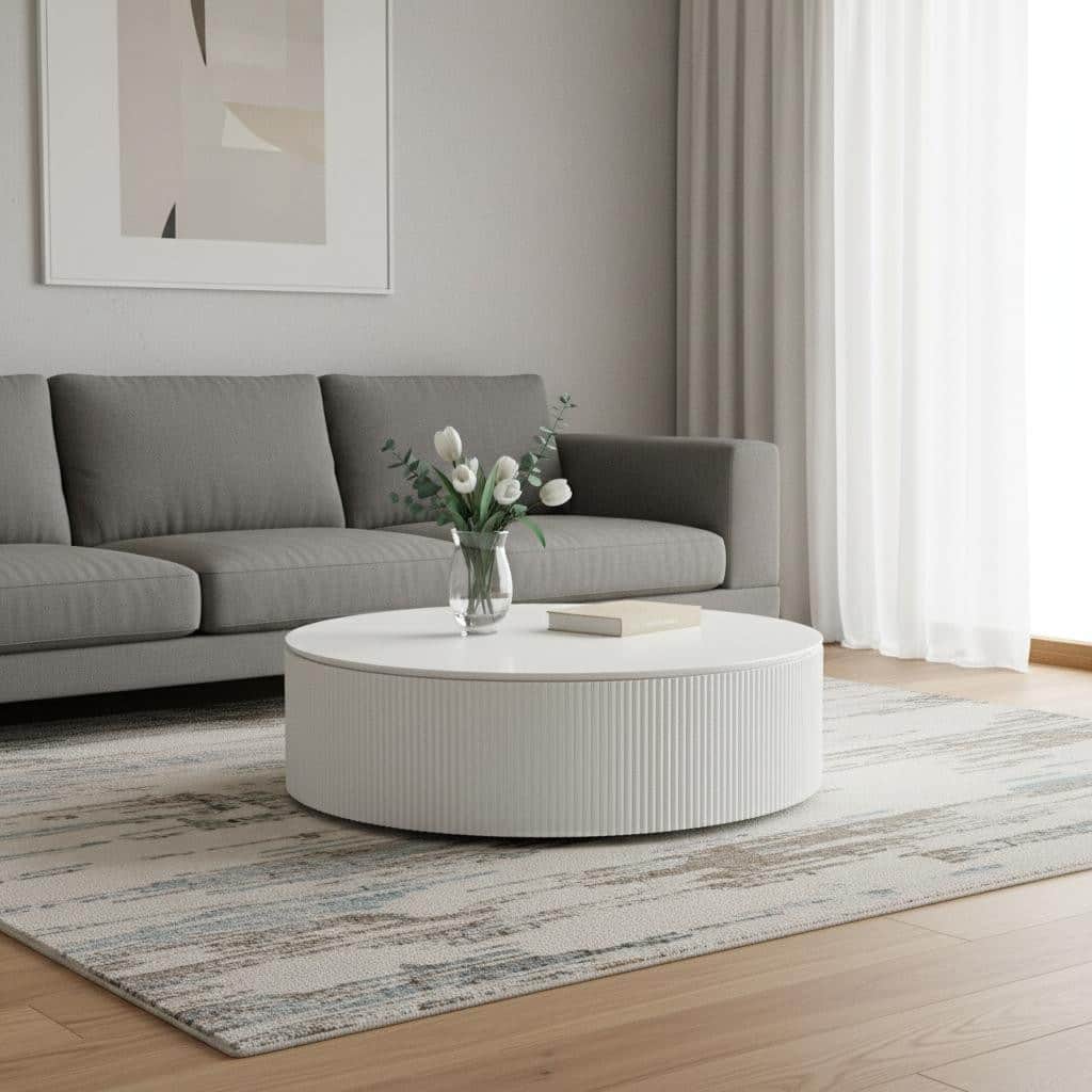 HomeRoots 47" White Wood Round Drum Coffee Table - 47.00 in. x 13.00 in. x 47.00 in.