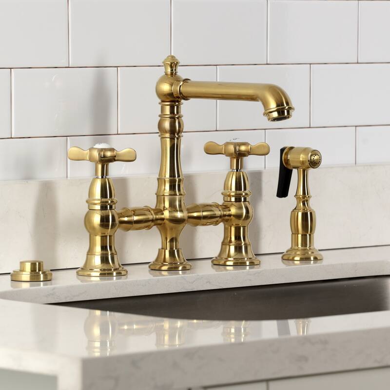 Kingston Brass Essex Two-Handle 4-Hole Deck Mount Bridge Kitchen Faucet with Brass Side Sprayer