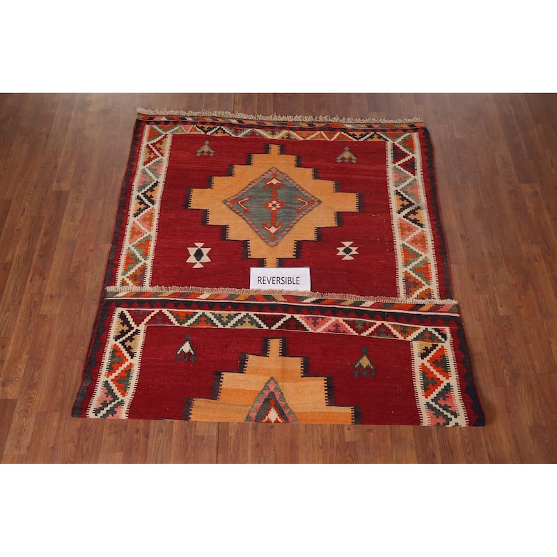 Red Kilim Qashqai Persian Vintage Area Rug Flatweave Wool Carpet - 4'10"x 7'0"