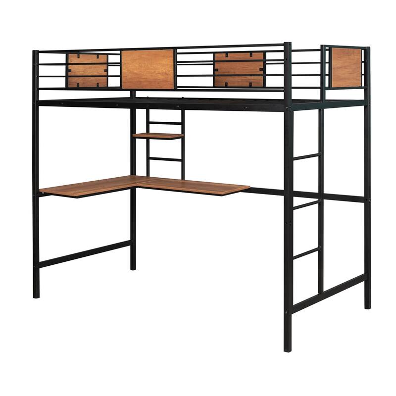 Twin Metal Loft Bed with Desk & Shelf