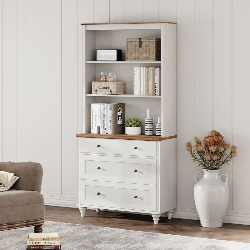 White Bookcase with Doors, Large Wood Farmhouse Book Case Shelf