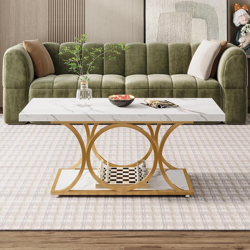 2-Tier Faux Marble Gold Coffee Table, Modern Rectangular Wood Coffee Table - White & Gold