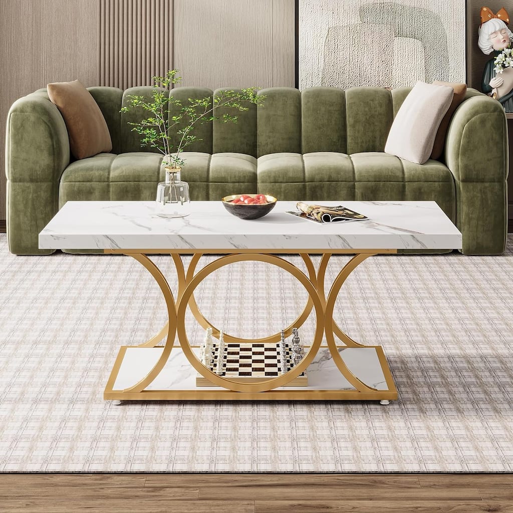 2-Tier Faux Marble Gold Coffee Table, Modern Rectangular Wood Coffee Table