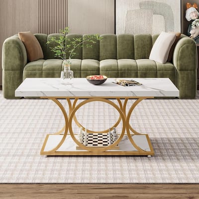 47 In White Coffee Table, Modern 2-Tier Coffee Tables for Living Room