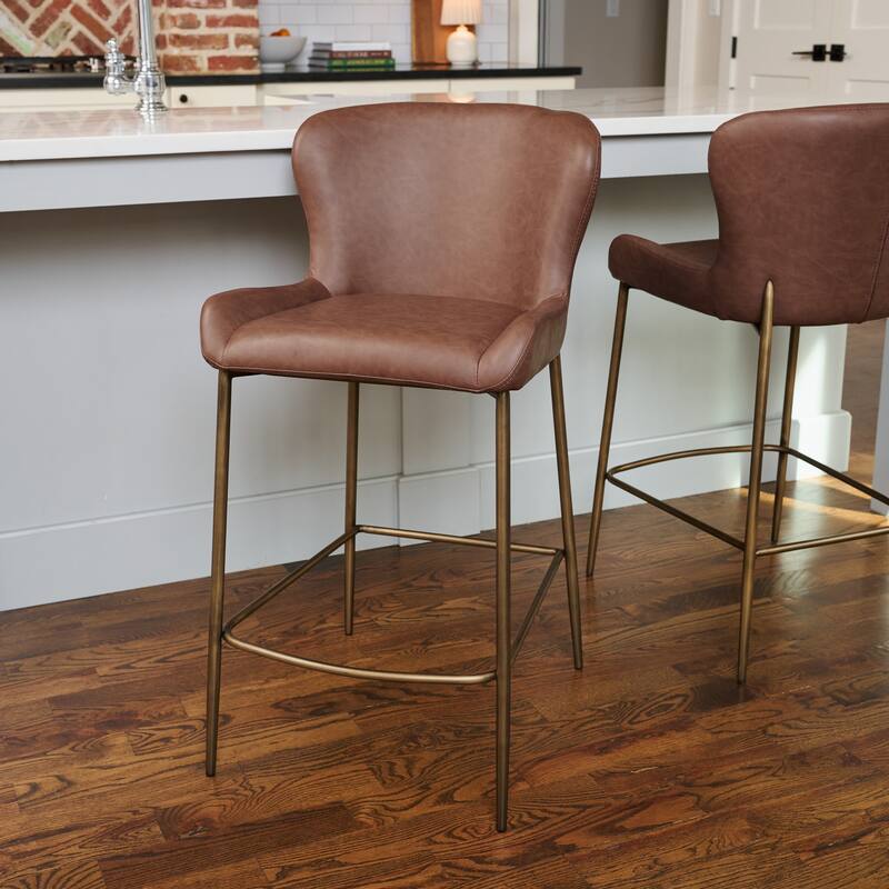 Maven Lane Naomi Metal and Vegan Leather Kitchen Dining Stool - Antique Brass - Counter Height