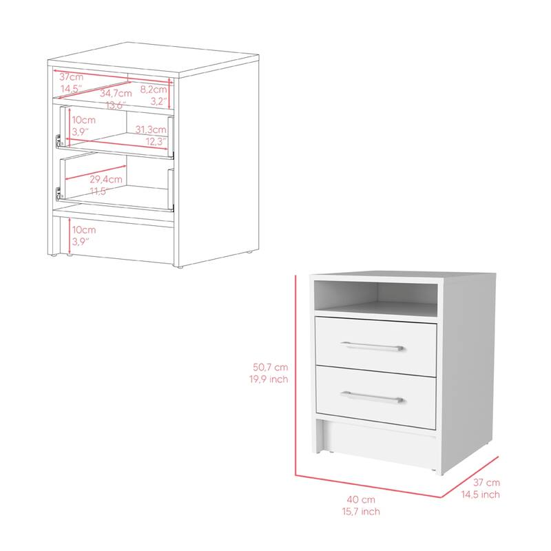 White Two-Drawer Nightstand with Semi-Open Shelf, 19.9\