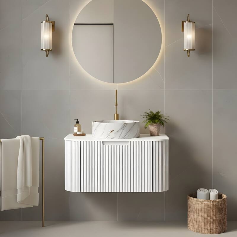 Floating Bathroom with Round Ceramic Basin and Storage Drawer - 30 - White