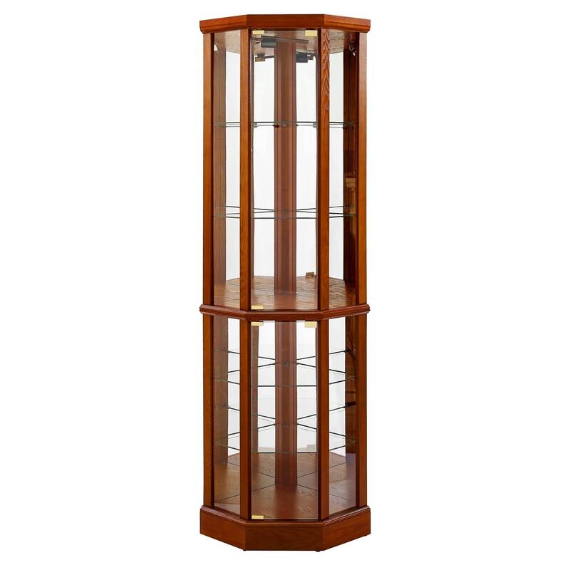Corner Curio Cabinet with Lights, Floor Standing Display Cabinet, China Cabinet with Tempered Glass Shelves & Mirror Back