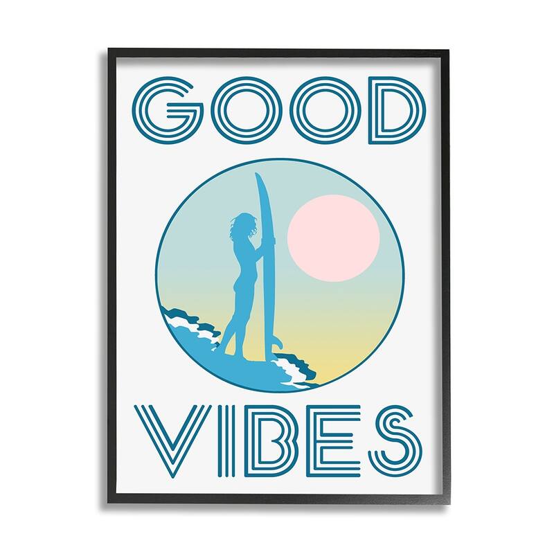 Stupell Good Vibes Text Blue Surfer Chick Sunset Framed Wall Art