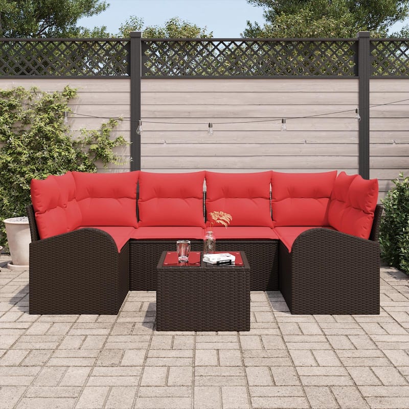 vidaXL 7 Garden Sofa Set with Cushions Black/Brown/Grey Poly Rattan - 92.1 x 48.8 x 27.2