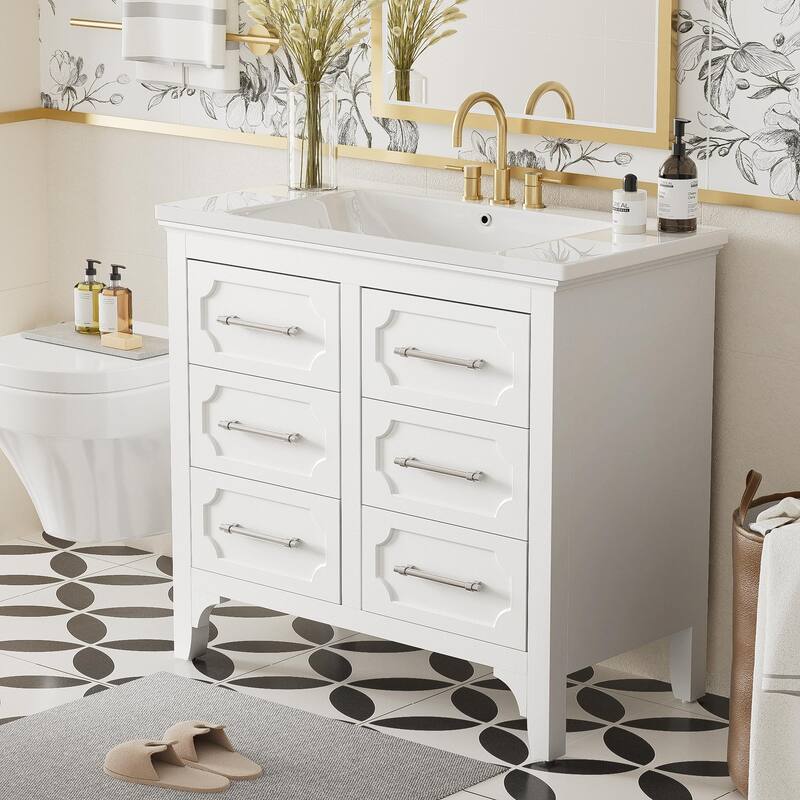 36'' White Bathroom Vanity Free Standing Single Vanity Set with Four Drawers