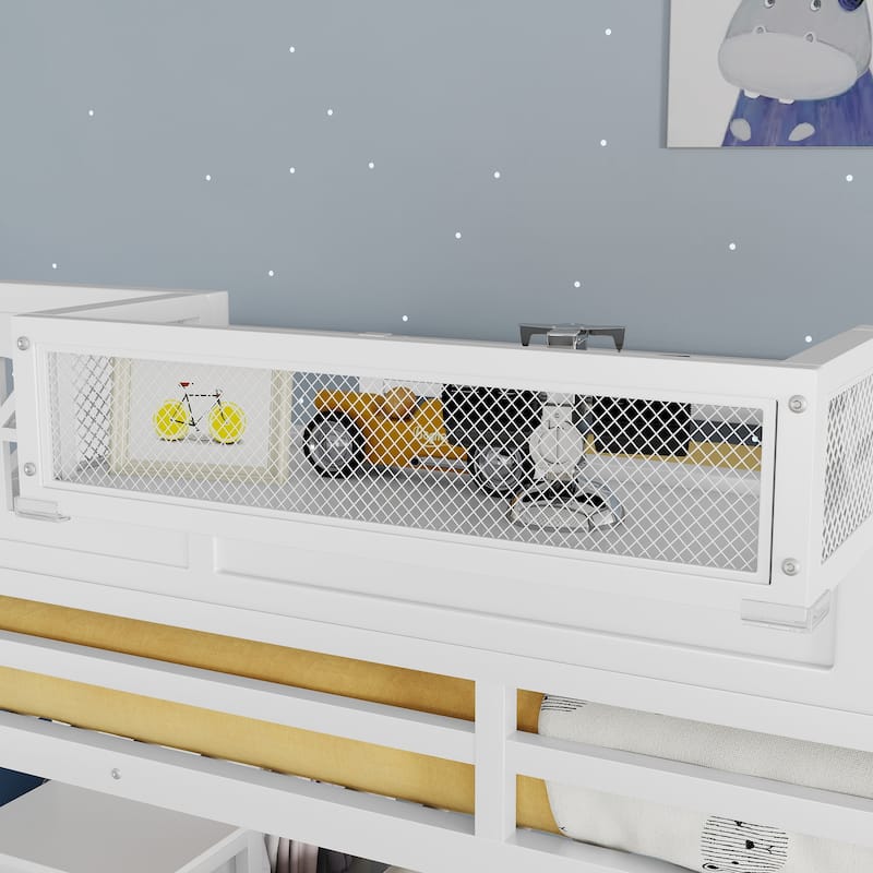 White High Loft Bed Frame with Storage Stairs and Wardrobe, Loft Metal Frame Bed with High House Shaped Guardrails for Kid Teens