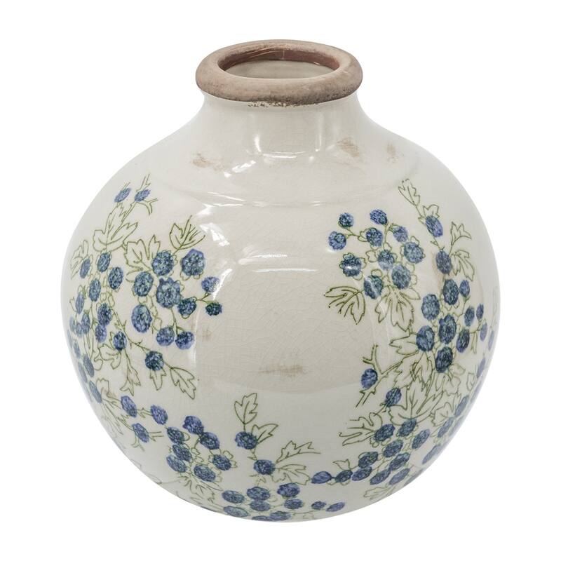7.9x7.9x7.9" White Ceramic Vase With Blue Berry Motif
