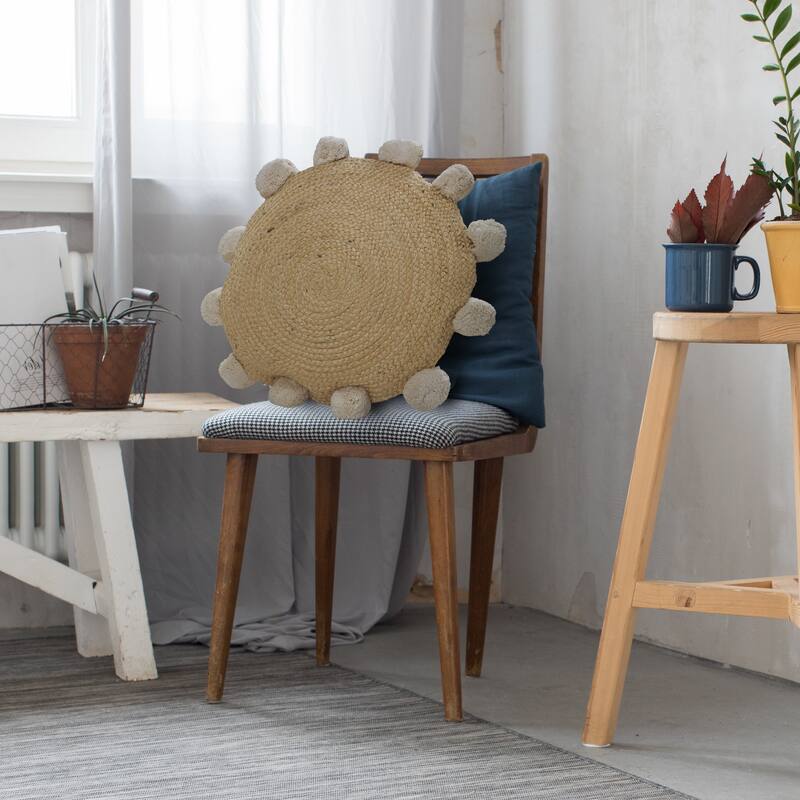 Sevita Natural Jute Throw Pillow with Pom Pom Border