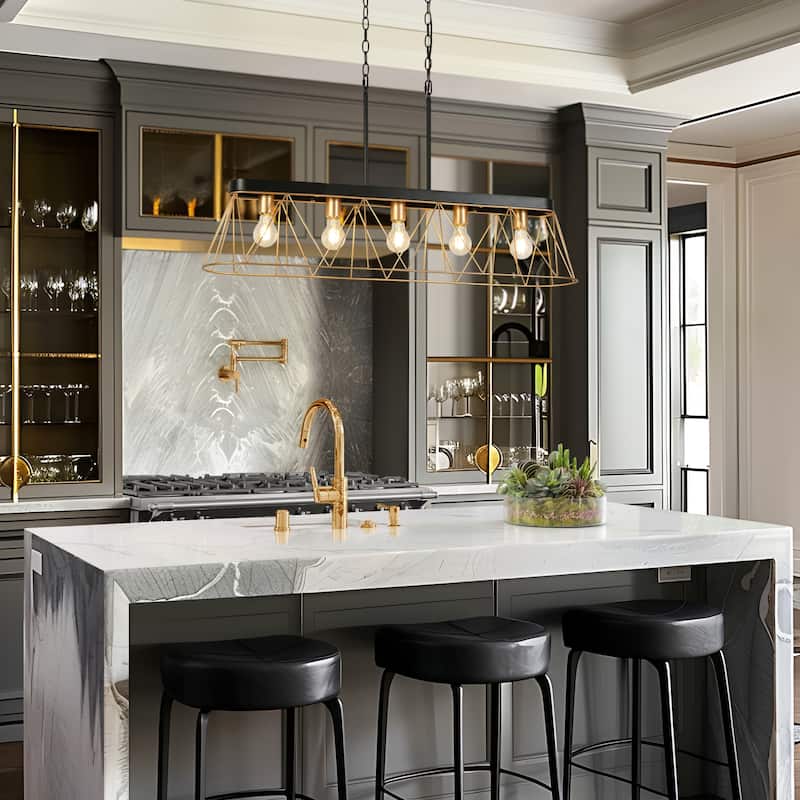 Modern Luxury 5-light Chandelier Black Gold Kitchen Island Light with Geometric Line Design for Dining Room