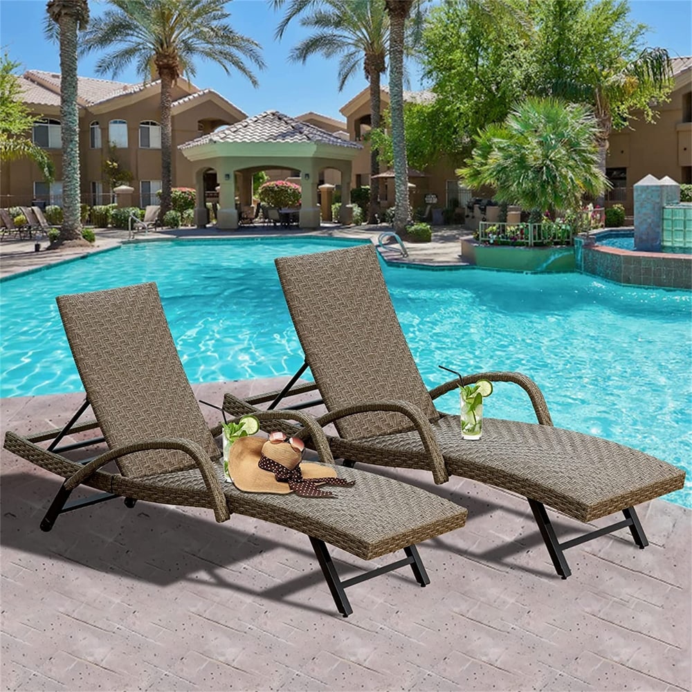 2 PCS Outdoor PE Wicker Chaise Lounge w Armrest Adjustable Backrest