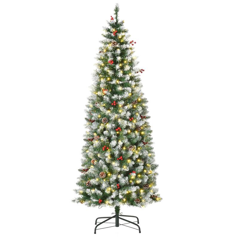 Snow-Flocked Artificial Christmas Tree with LED Lights, Pine Cones & Red Berries, 6ft, 7.5ft, 9ft